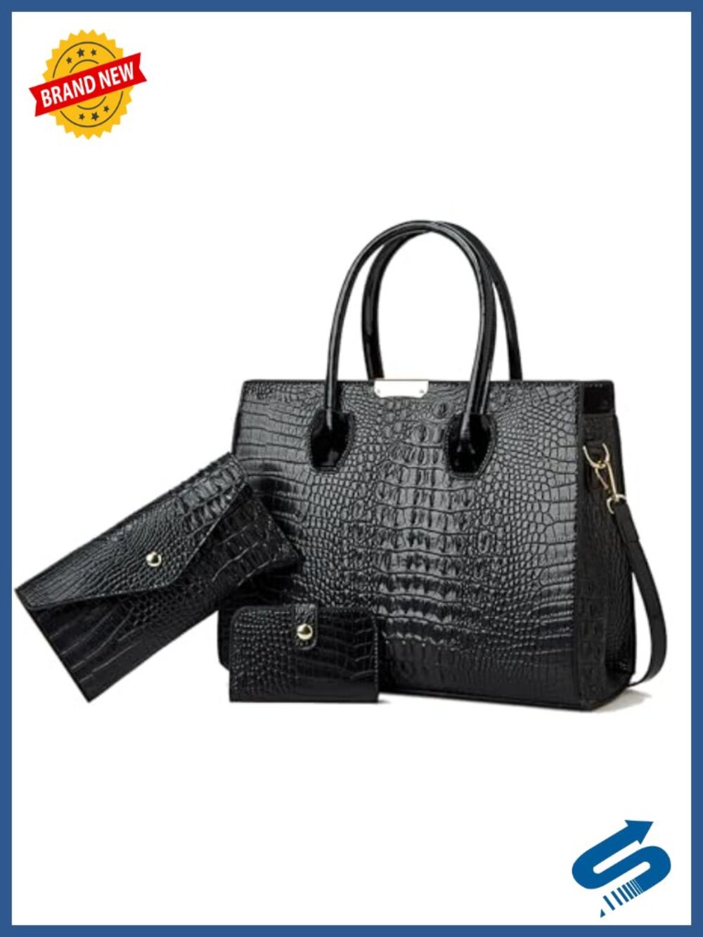 Crocodile Embossed Faux Leather Tote Handbag Set with Wallet
